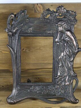 Vtg Art Nouveau Brass Repousse Fairy Lady Woman Figure Floral Picture Frame 4x6